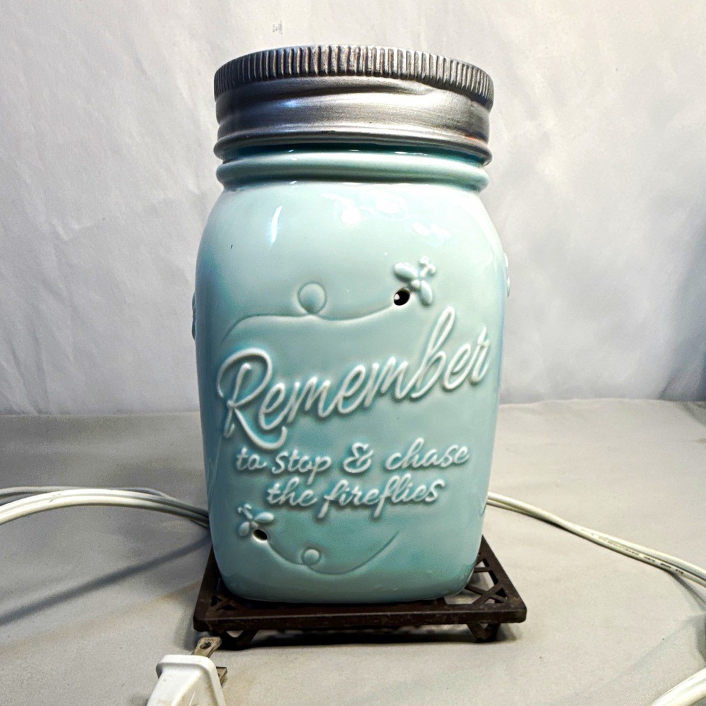 Cute Scentsy Inspired by Heidi Blue Mason Jar w/Fireflies Wax Warmer on Stand